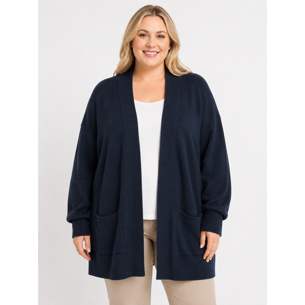 Pure Jill Cardigan Sweater 3X Navy Blue Open Front Cotton Blend Minimal Luxury
